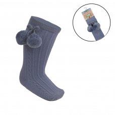 S355-DB: Dusty Blue Knee Length Socks w/Pom Pom (0-24 Months)